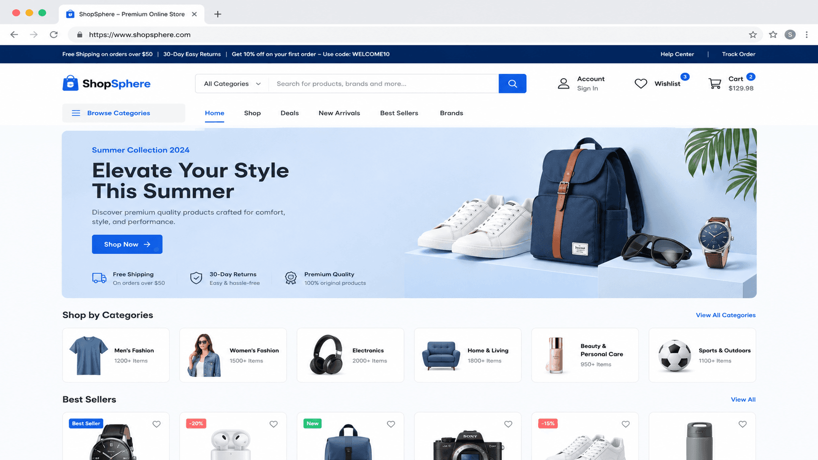 E-commerce storefront showing products, categories, prices, ratings, and shopping controls